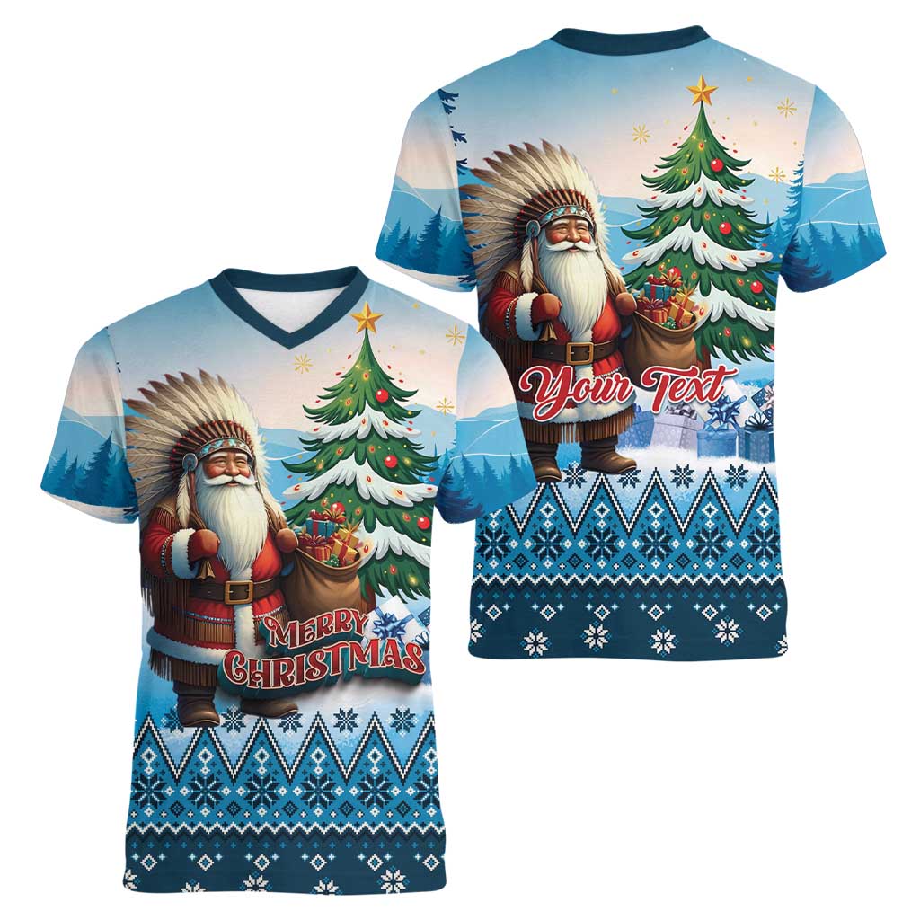 Personalized Native American Santa Claus Women V-Neck T-Shirt Merry Christmas - Wonder Print Shop