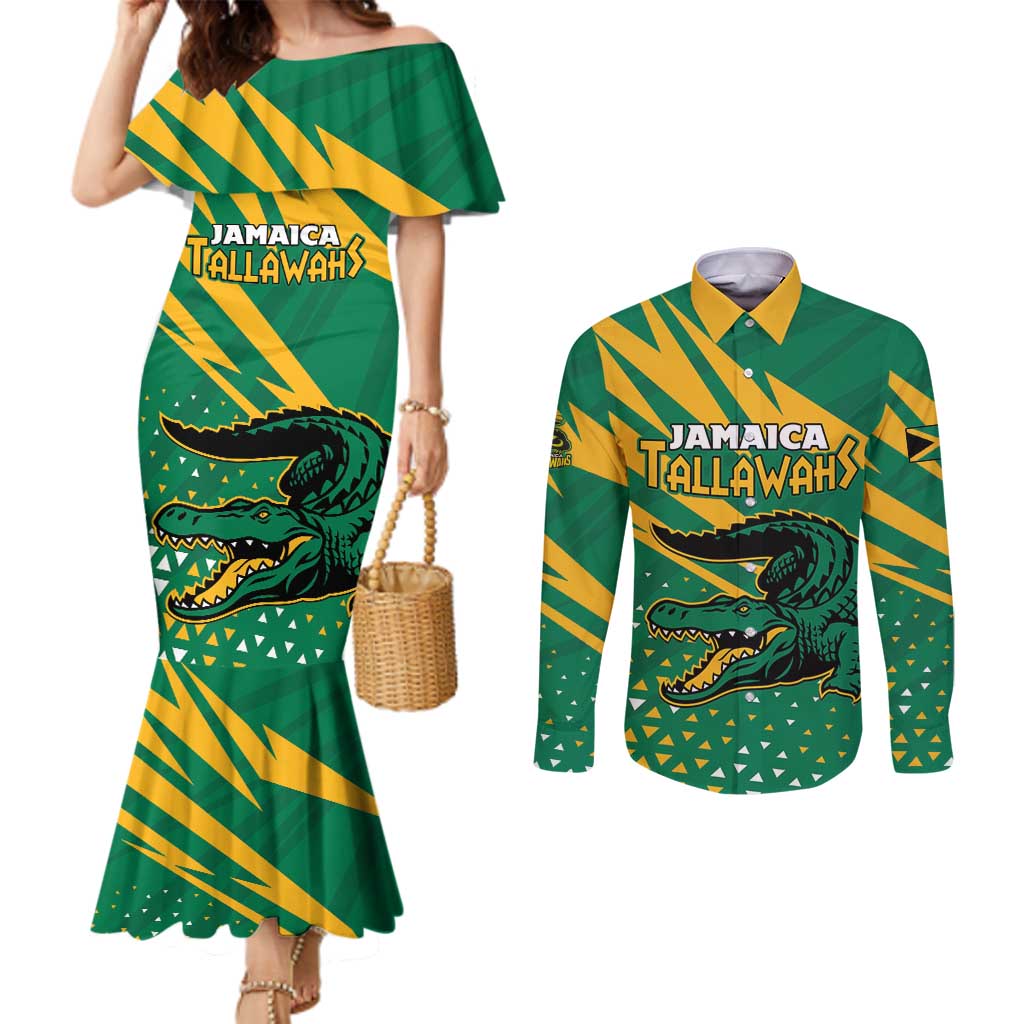 Custom Jamaica Cricket Tallawahs Couples Matching Mermaid Dress and Long Sleeve Button Shirt Fi Wi Tallawahs Champions
