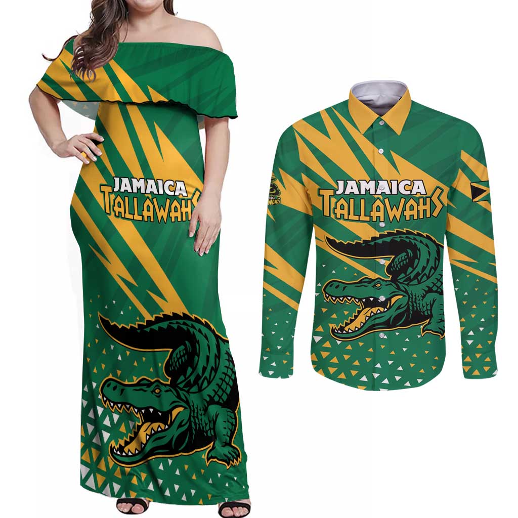 Custom Jamaica Cricket Tallawahs Couples Matching Off Shoulder Maxi Dress and Long Sleeve Button Shirt Fi Wi Tallawahs Champions - Wonder Print Shop