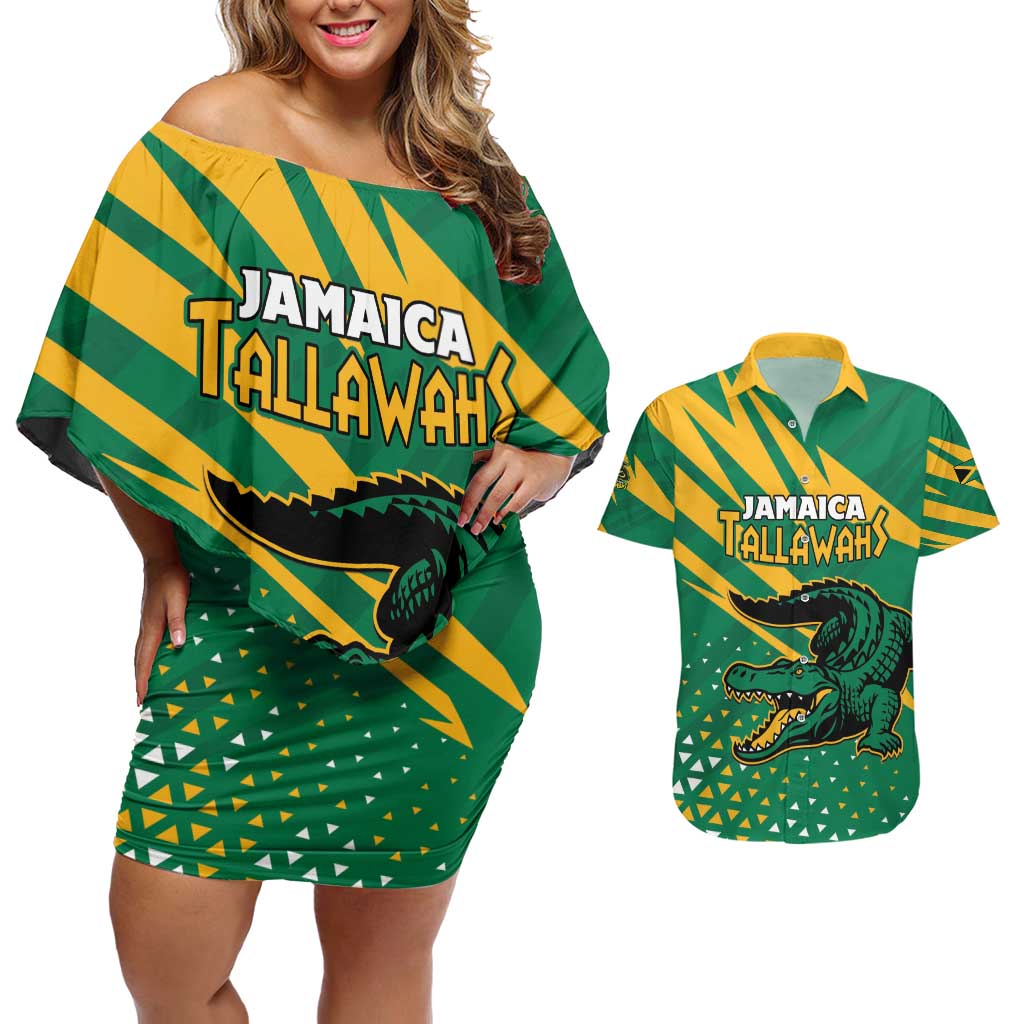 Custom Jamaica Cricket Tallawahs Couples Matching Off Shoulder Short Dress and Hawaiian Shirt Fi Wi Tallawahs Champions - Wonder Print Shop