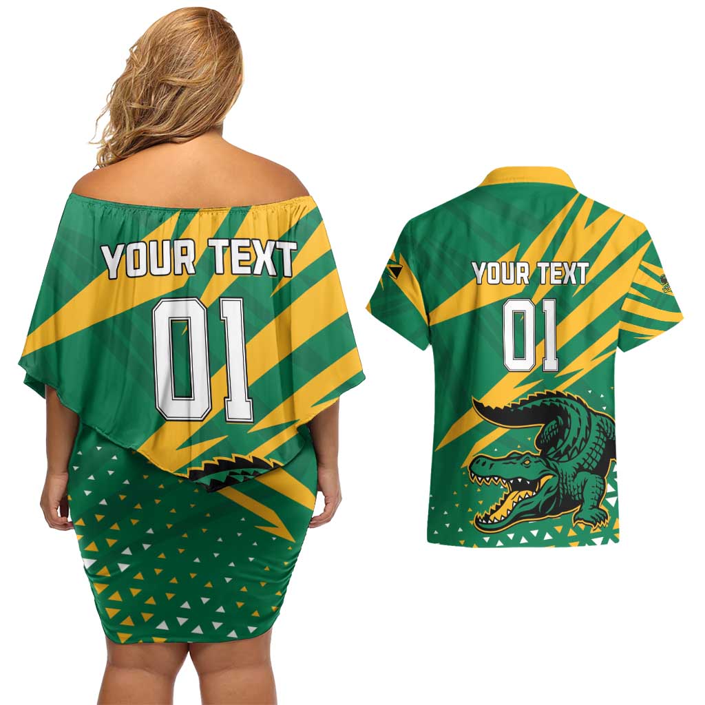 Custom Jamaica Cricket Tallawahs Couples Matching Off Shoulder Short Dress and Hawaiian Shirt Fi Wi Tallawahs Champions - Wonder Print Shop