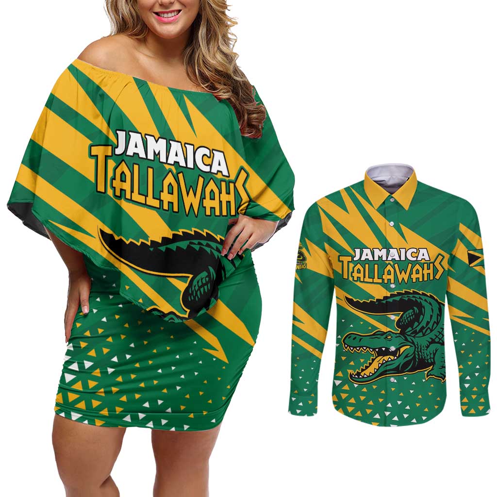 Custom Jamaica Cricket Tallawahs Couples Matching Off Shoulder Short Dress and Long Sleeve Button Shirt Fi Wi Tallawahs Champions - Wonder Print Shop
