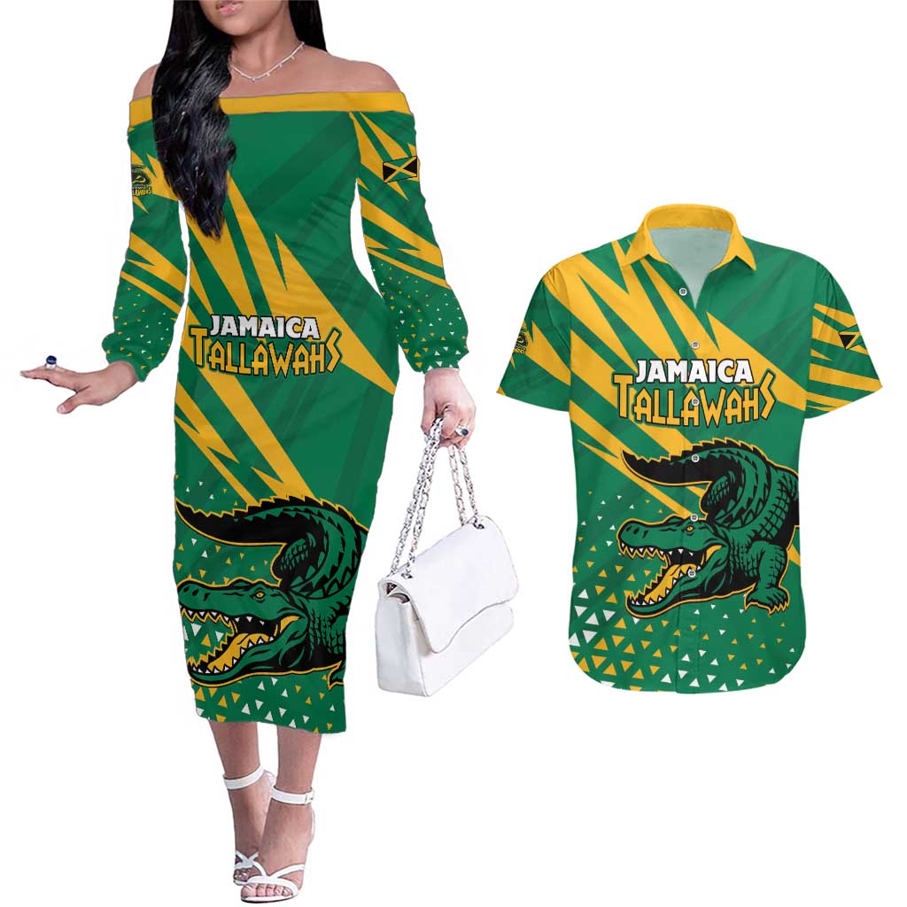 Custom Jamaica Cricket Tallawahs Couples Matching Off The Shoulder Long Sleeve Dress and Hawaiian Shirt Fi Wi Tallawahs Champions - Wonder Print Shop
