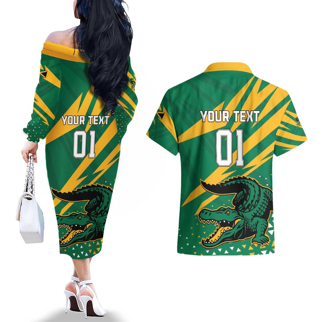 Custom Jamaica Cricket Tallawahs Couples Matching Off The Shoulder Long Sleeve Dress and Hawaiian Shirt Fi Wi Tallawahs Champions - Wonder Print Shop