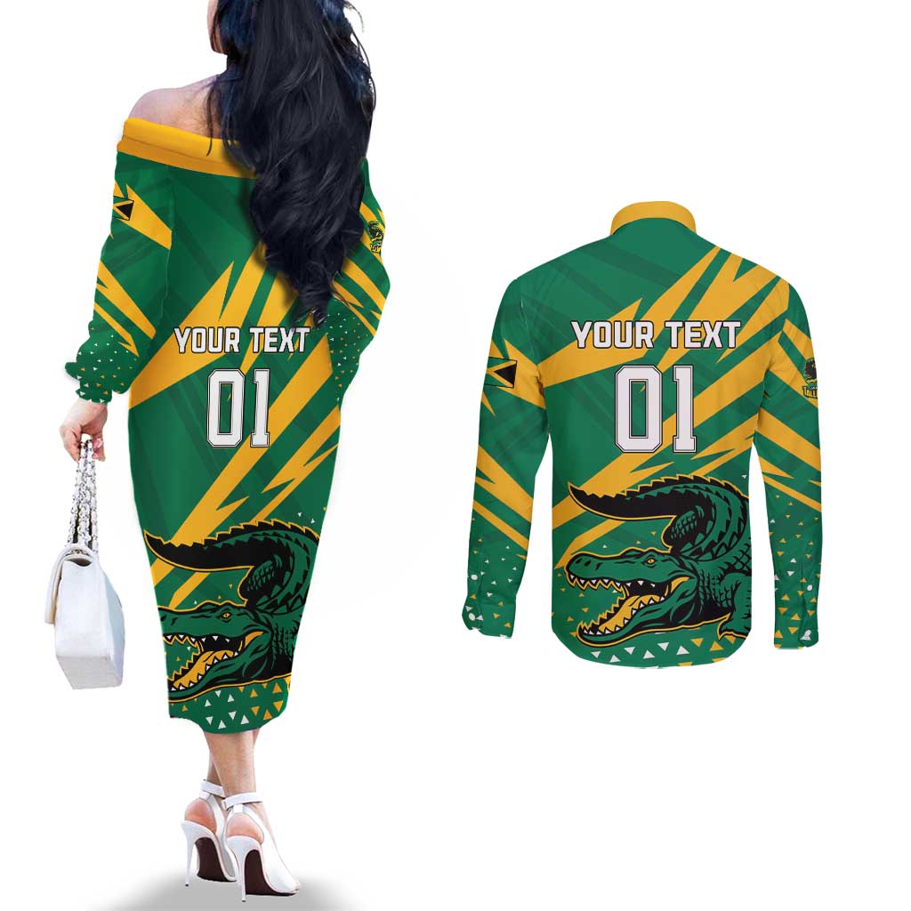 Custom Jamaica Cricket Tallawahs Couples Matching Off The Shoulder Long Sleeve Dress and Long Sleeve Button Shirt Fi Wi Tallawahs Champions