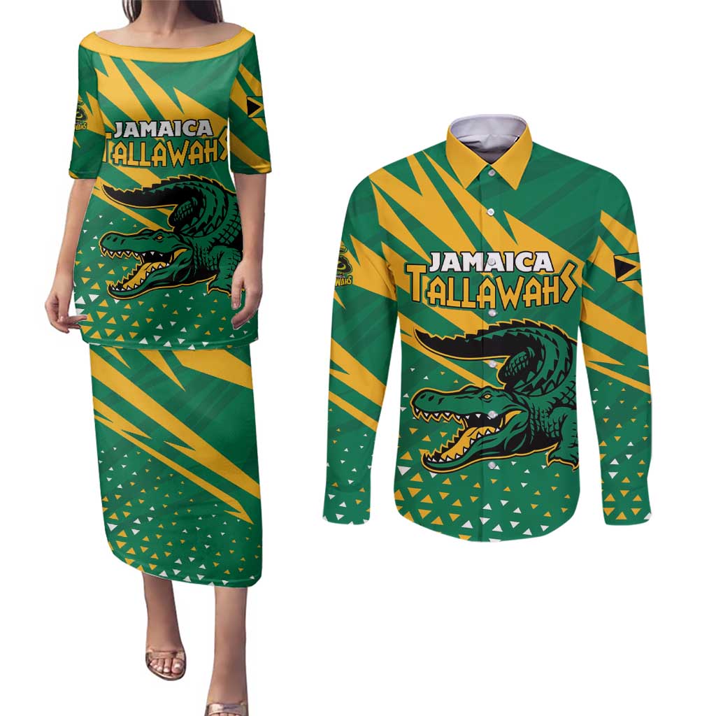 Custom Jamaica Cricket Tallawahs Couples Matching Puletasi and Long Sleeve Button Shirt Fi Wi Tallawahs Champions - Wonder Print Shop