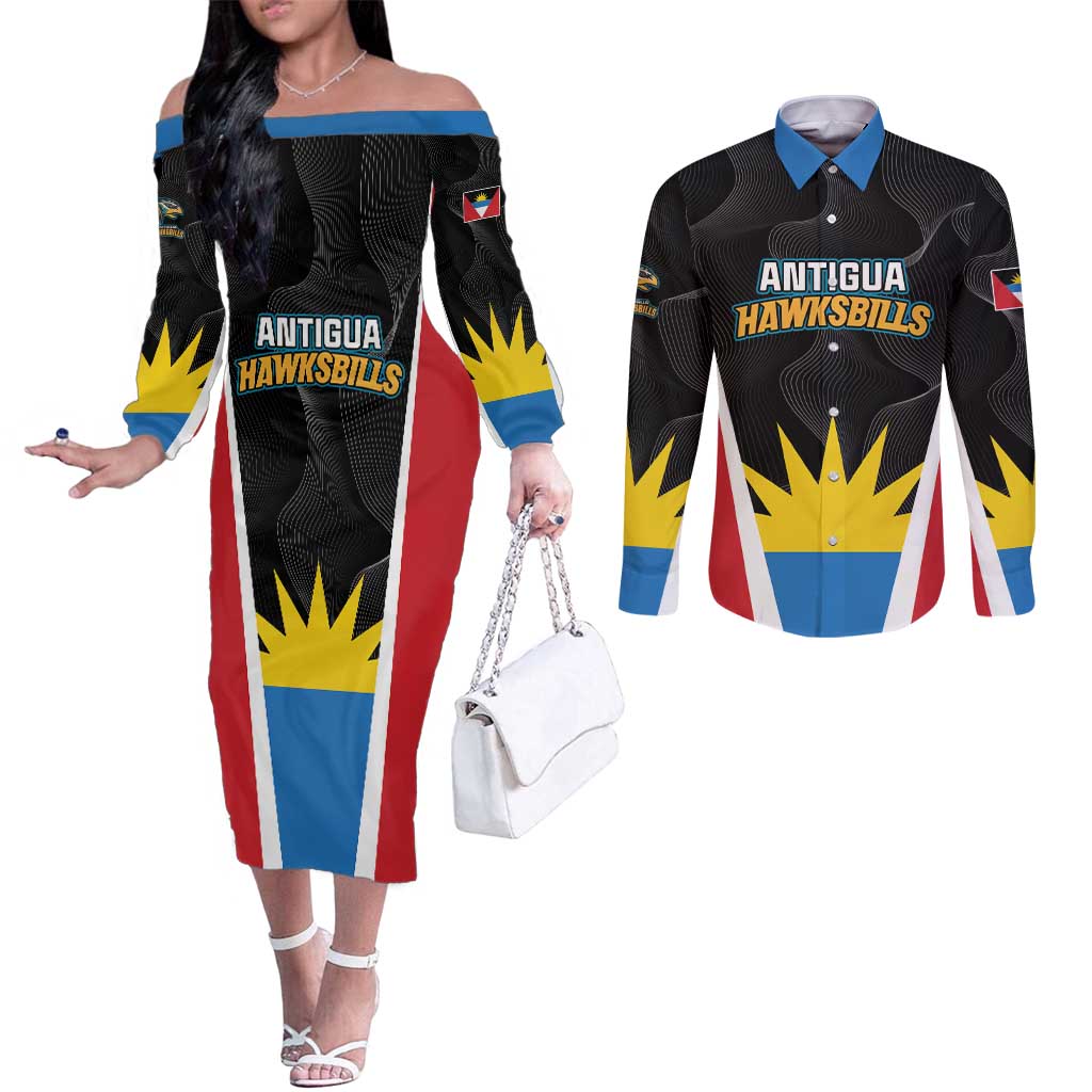 Custom Antigua Cricket Hawksbills Couples Matching Off The Shoulder Long Sleeve Dress and Long Sleeve Button Shirt Each Endeavouring All Achieving