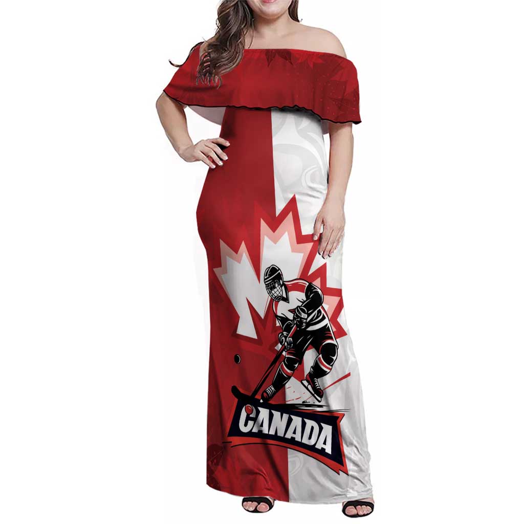 Custom Canada Ice Hockey Team Family Matching Off Shoulder Maxi Dress and Hawaiian Shirt Maple Leaf Go Champions