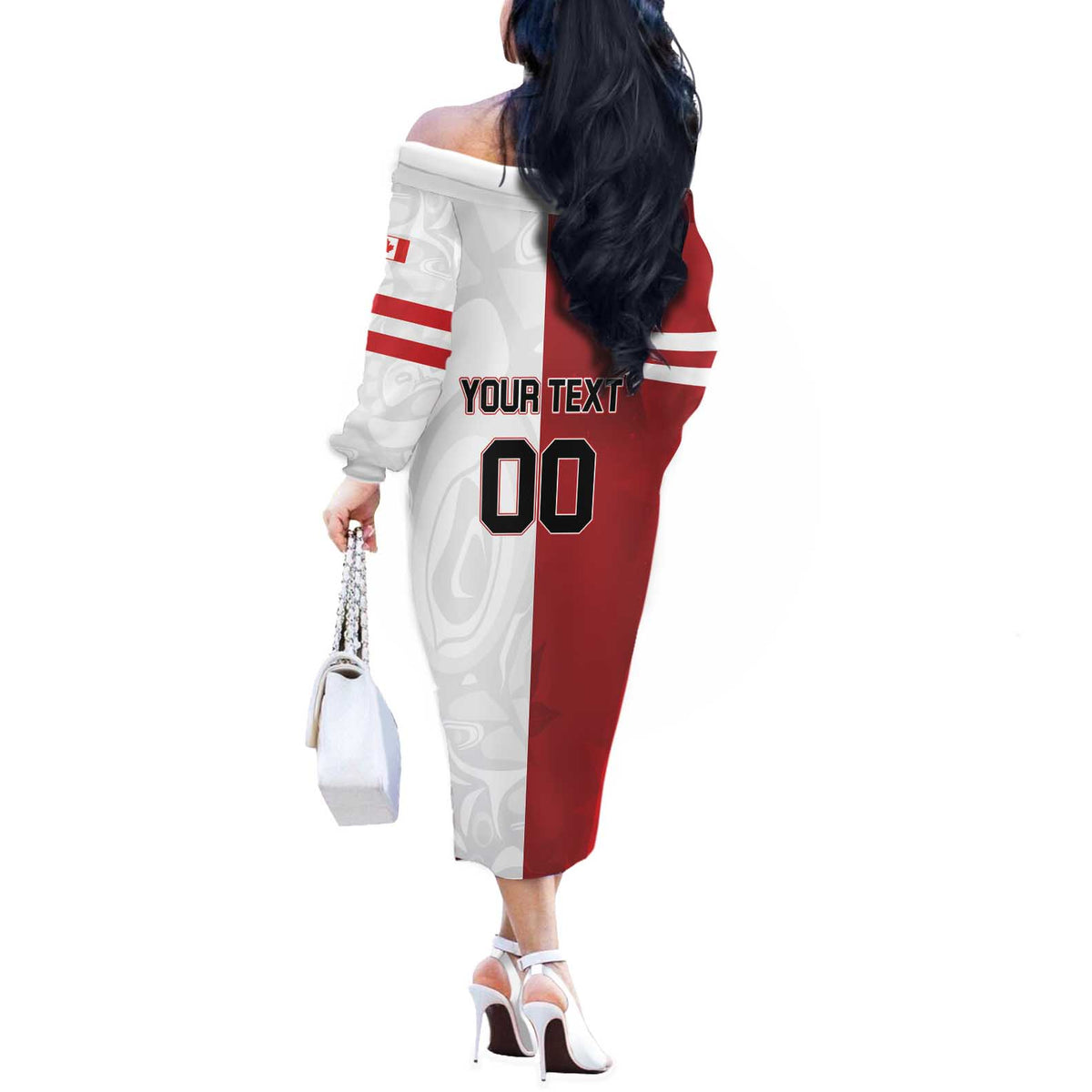 Custom Canada Ice Hockey Team Off The Shoulder Long Sleeve Dress Maple Leaf Go Champions