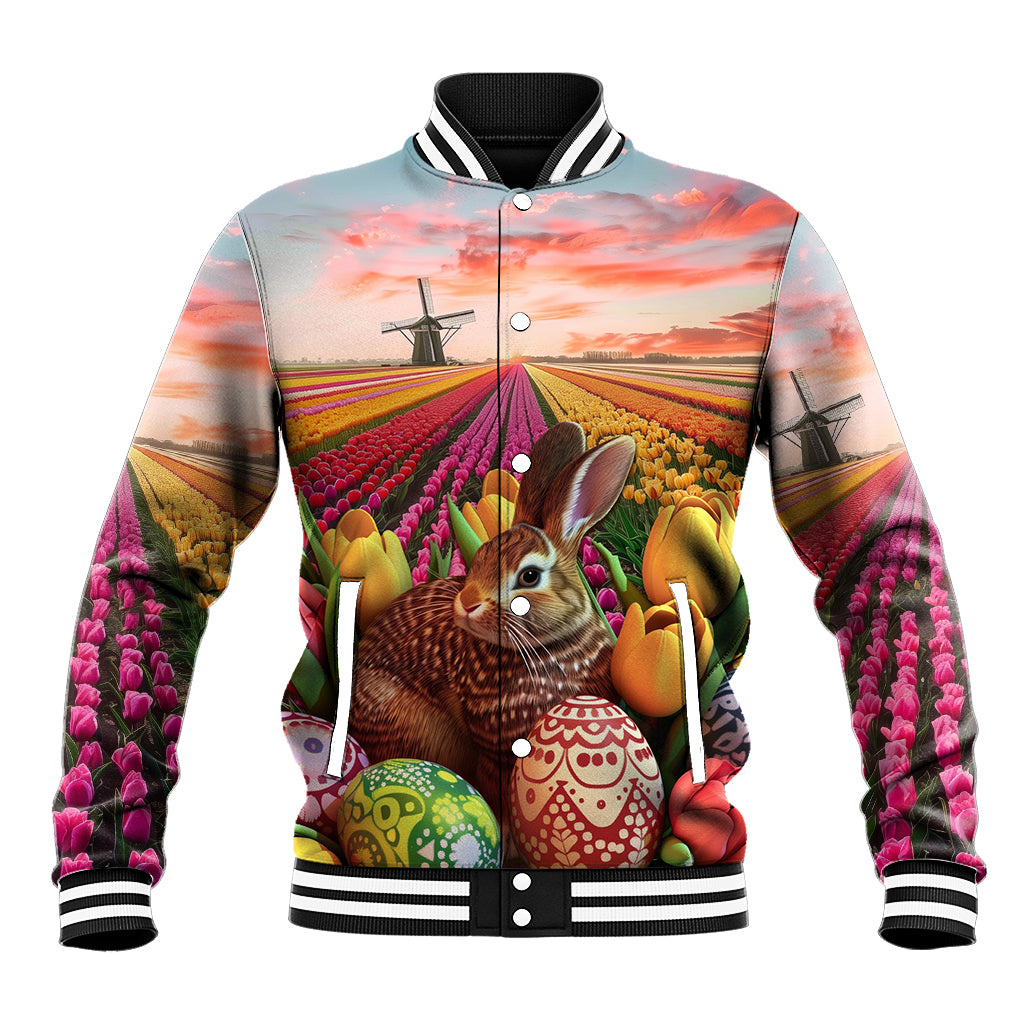 Netherlands Easter 2024 Baseball Jacket Bunny With Tulips Flowers Field