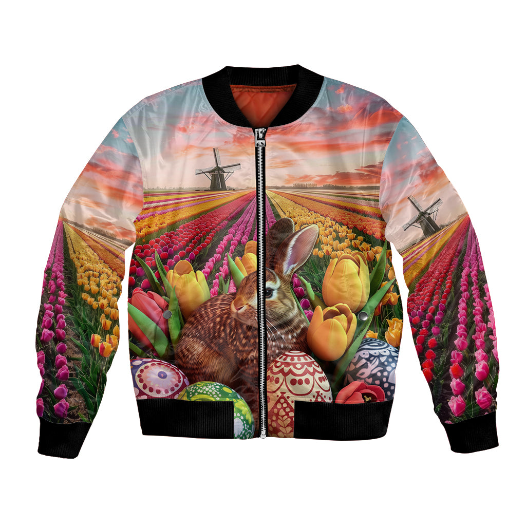 Netherlands Easter 2024 Bomber Jacket Bunny With Tulips Flowers Field - Wonder Print Shop