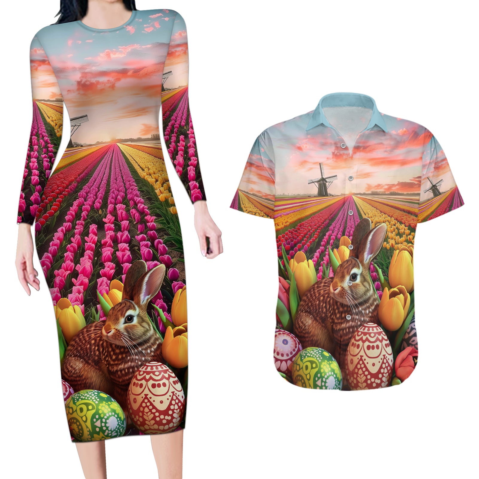 Netherlands Easter 2024 Couples Matching Long Sleeve Bodycon Dress and Hawaiian Shirt Bunny With Tulips Flowers Field