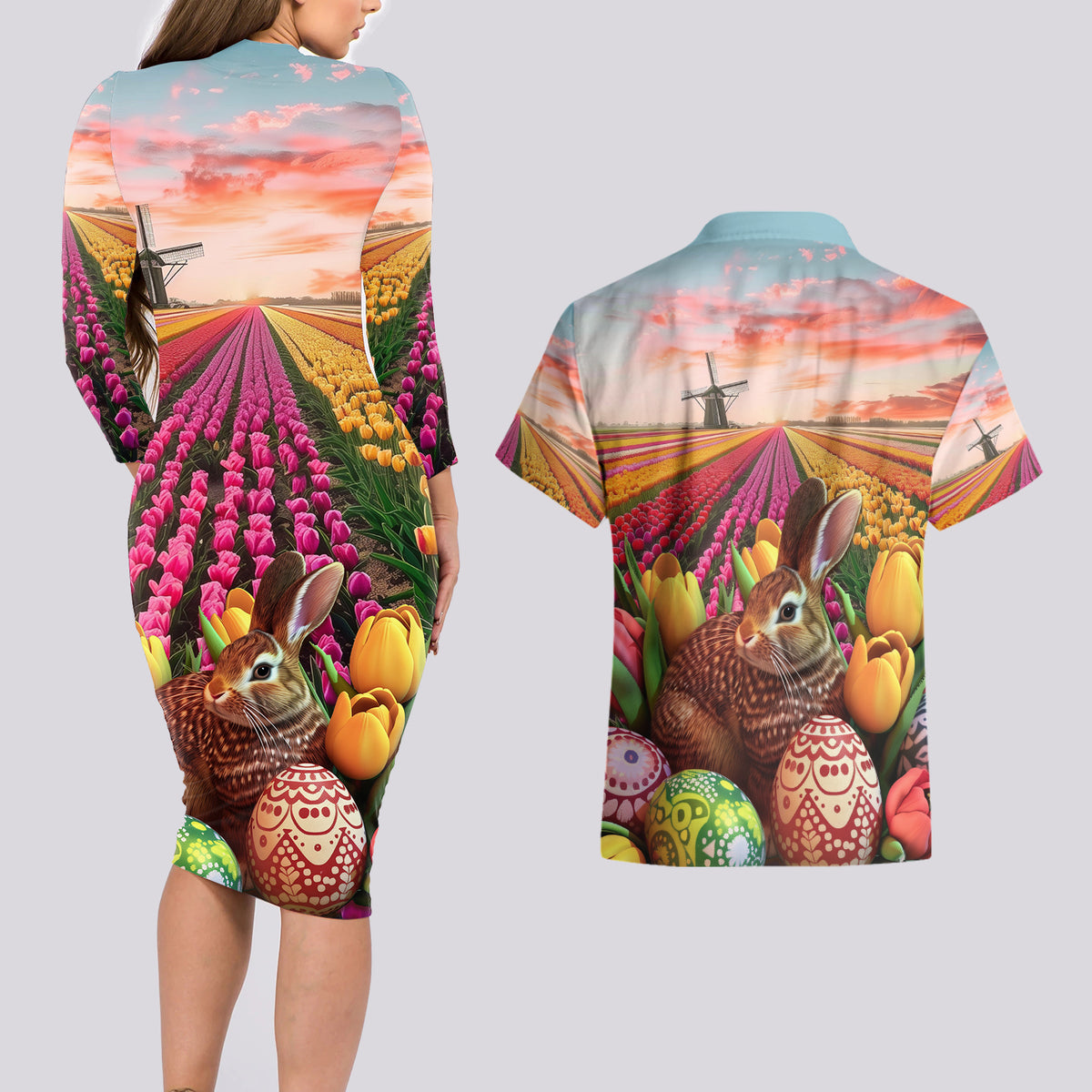 Netherlands Easter 2024 Couples Matching Long Sleeve Bodycon Dress and Hawaiian Shirt Bunny With Tulips Flowers Field - Wonder Print Shop