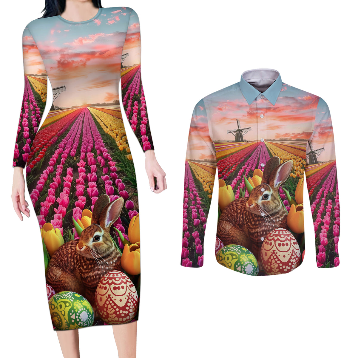 Netherlands Easter 2024 Couples Matching Long Sleeve Bodycon Dress and Long Sleeve Button Shirt Bunny With Tulips Flowers Field - Wonder Print Shop