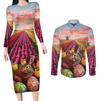 Netherlands Easter 2024 Couples Matching Long Sleeve Bodycon Dress and Long Sleeve Button Shirt Bunny With Tulips Flowers Field - Wonder Print Shop