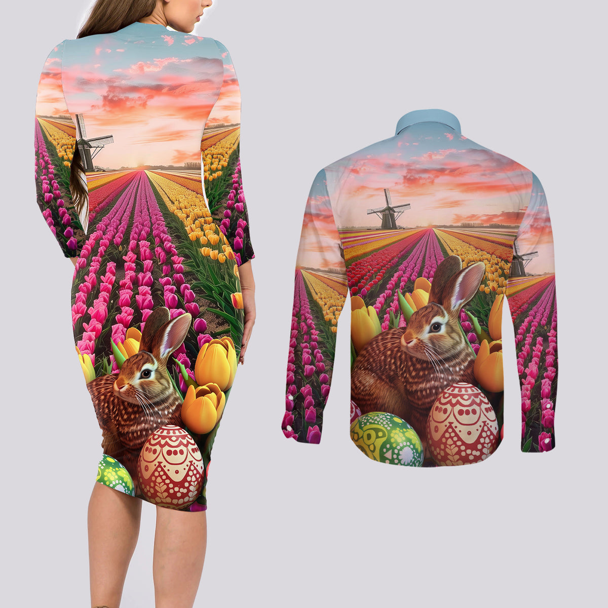 Netherlands Easter 2024 Couples Matching Long Sleeve Bodycon Dress and Long Sleeve Button Shirt Bunny With Tulips Flowers Field - Wonder Print Shop