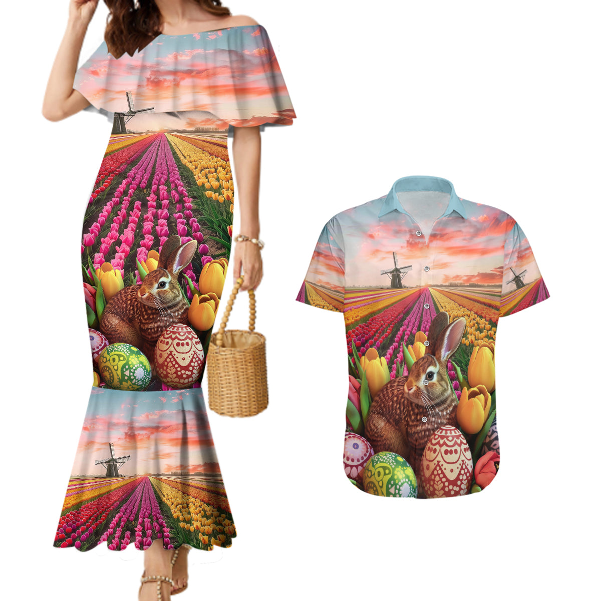 Netherlands Easter 2024 Couples Matching Mermaid Dress and Hawaiian Shirt Bunny With Tulips Flowers Field