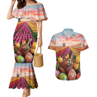 Netherlands Easter 2024 Couples Matching Mermaid Dress and Hawaiian Shirt Bunny With Tulips Flowers Field - Wonder Print Shop