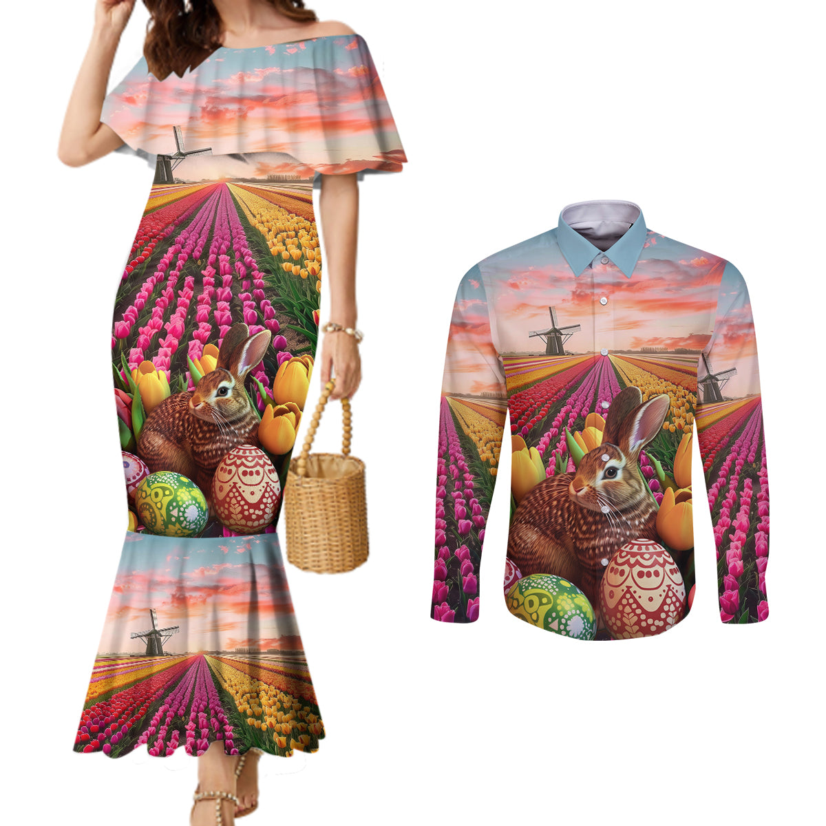Netherlands Easter 2024 Couples Matching Mermaid Dress and Long Sleeve Button Shirt Bunny With Tulips Flowers Field