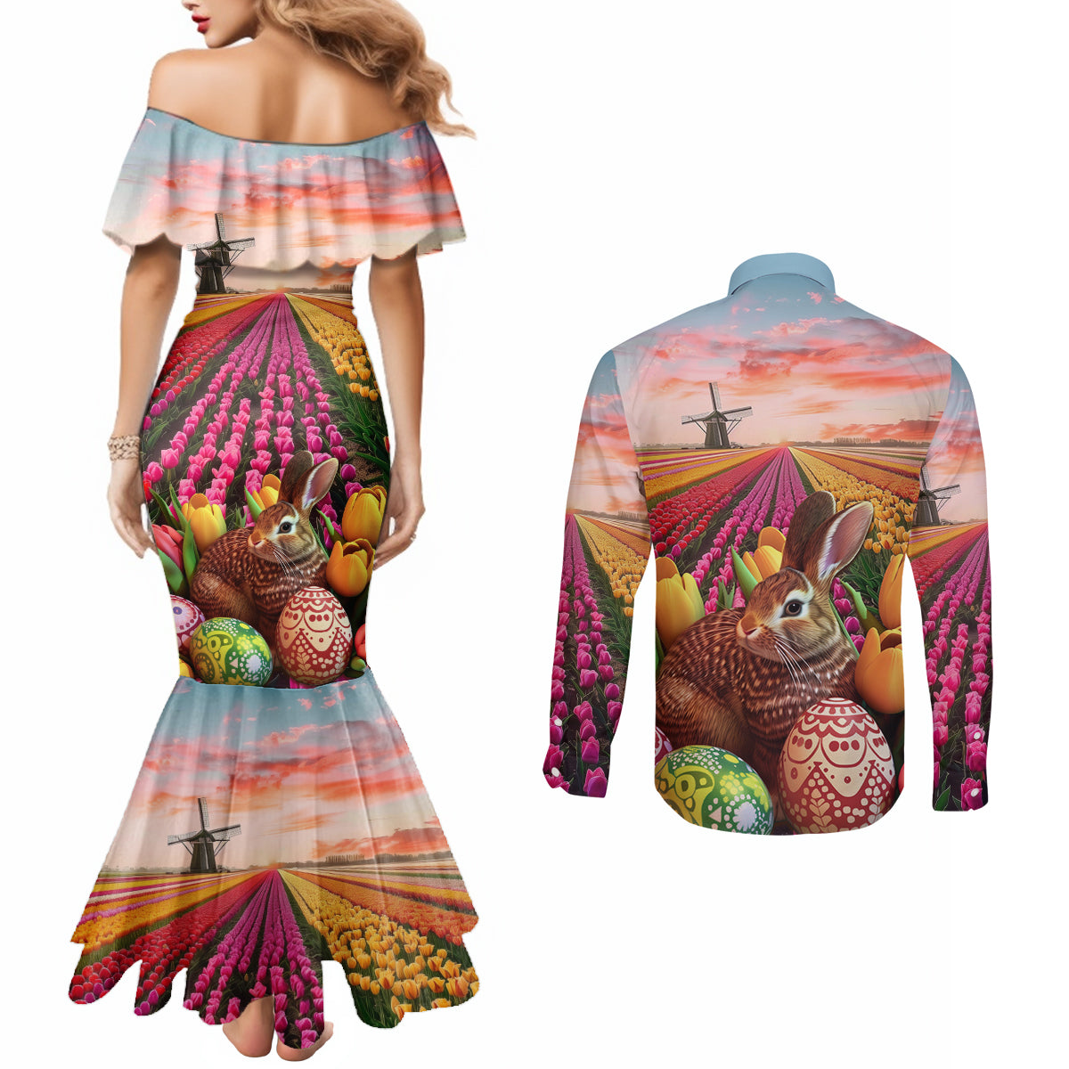 Netherlands Easter 2024 Couples Matching Mermaid Dress and Long Sleeve Button Shirt Bunny With Tulips Flowers Field