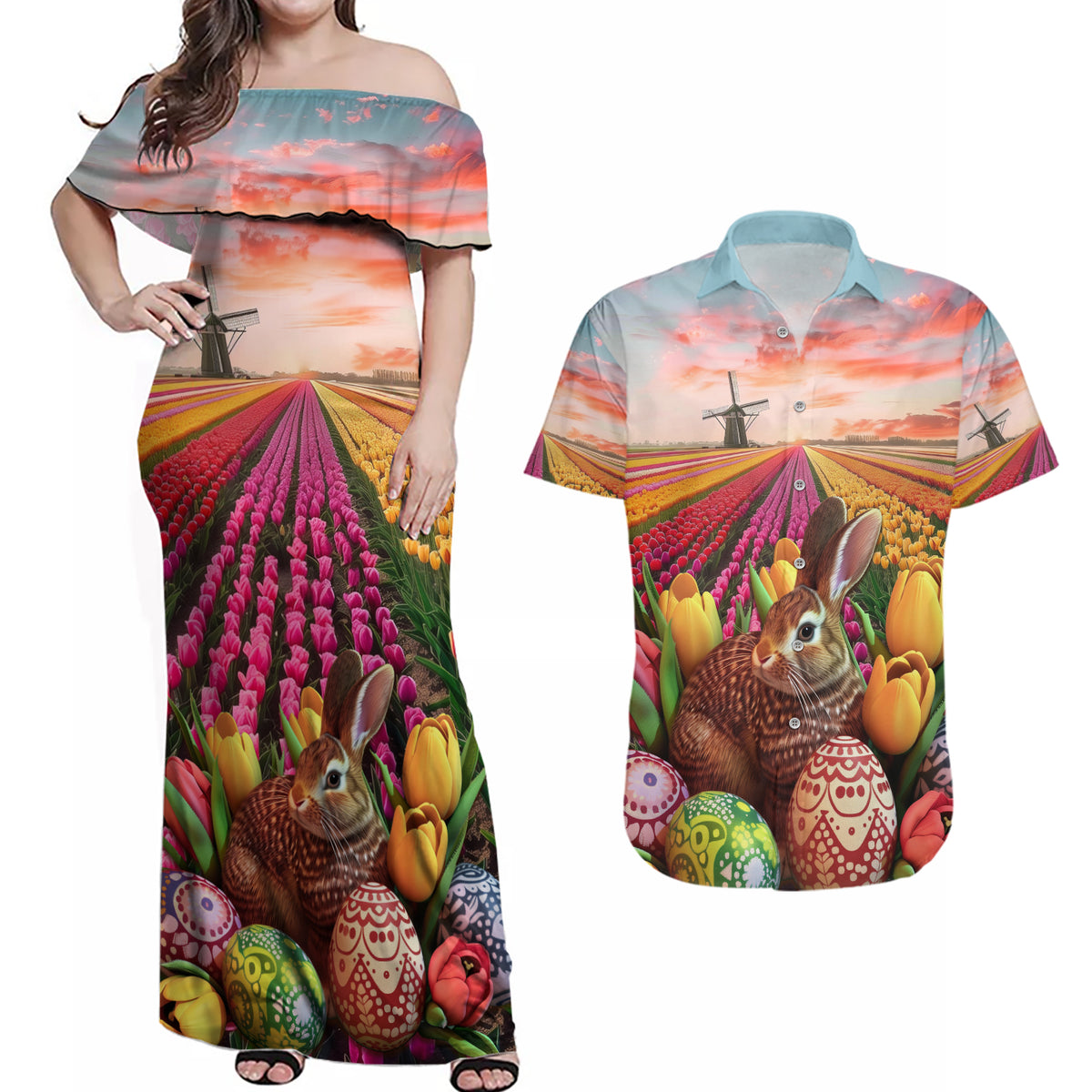 Netherlands Easter 2024 Couples Matching Off Shoulder Maxi Dress and Hawaiian Shirt Bunny With Tulips Flowers Field - Wonder Print Shop