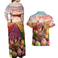 Netherlands Easter 2024 Couples Matching Off Shoulder Maxi Dress and Hawaiian Shirt Bunny With Tulips Flowers Field - Wonder Print Shop