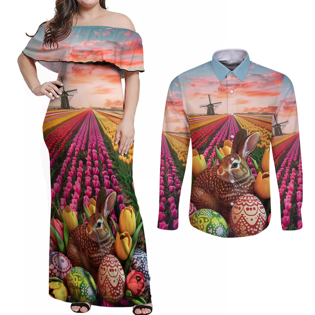 Netherlands Easter 2024 Couples Matching Off Shoulder Maxi Dress and Long Sleeve Button Shirt Bunny With Tulips Flowers Field - Wonder Print Shop