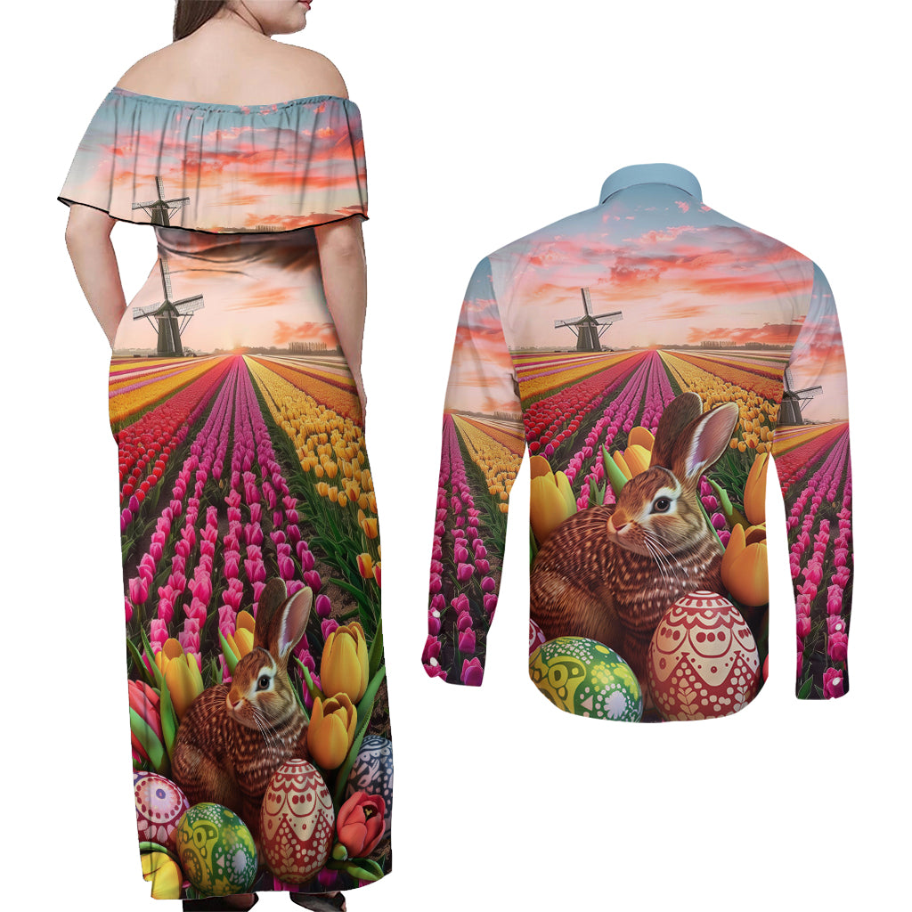 Netherlands Easter 2024 Couples Matching Off Shoulder Maxi Dress and Long Sleeve Button Shirt Bunny With Tulips Flowers Field - Wonder Print Shop