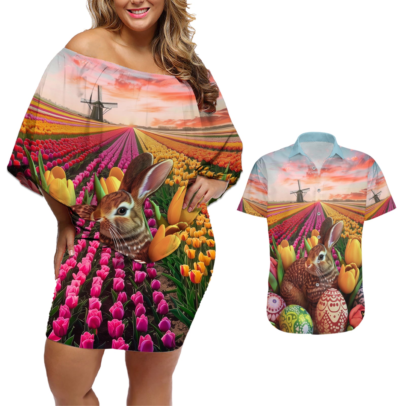 Netherlands Easter 2024 Couples Matching Off Shoulder Short Dress and Hawaiian Shirt Bunny With Tulips Flowers Field