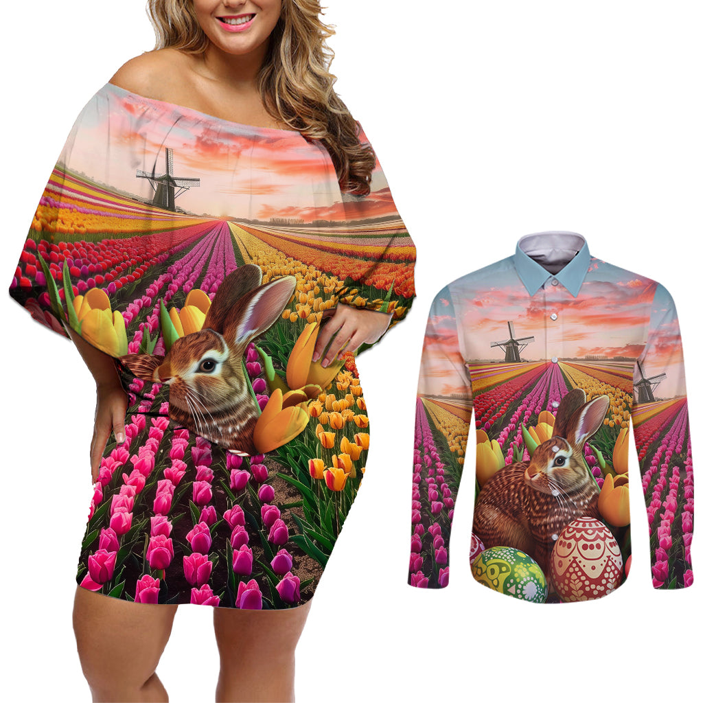 Netherlands Easter 2024 Couples Matching Off Shoulder Short Dress and Long Sleeve Button Shirt Bunny With Tulips Flowers Field
