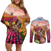 Netherlands Easter 2024 Couples Matching Off Shoulder Short Dress and Long Sleeve Button Shirt Bunny With Tulips Flowers Field - Wonder Print Shop