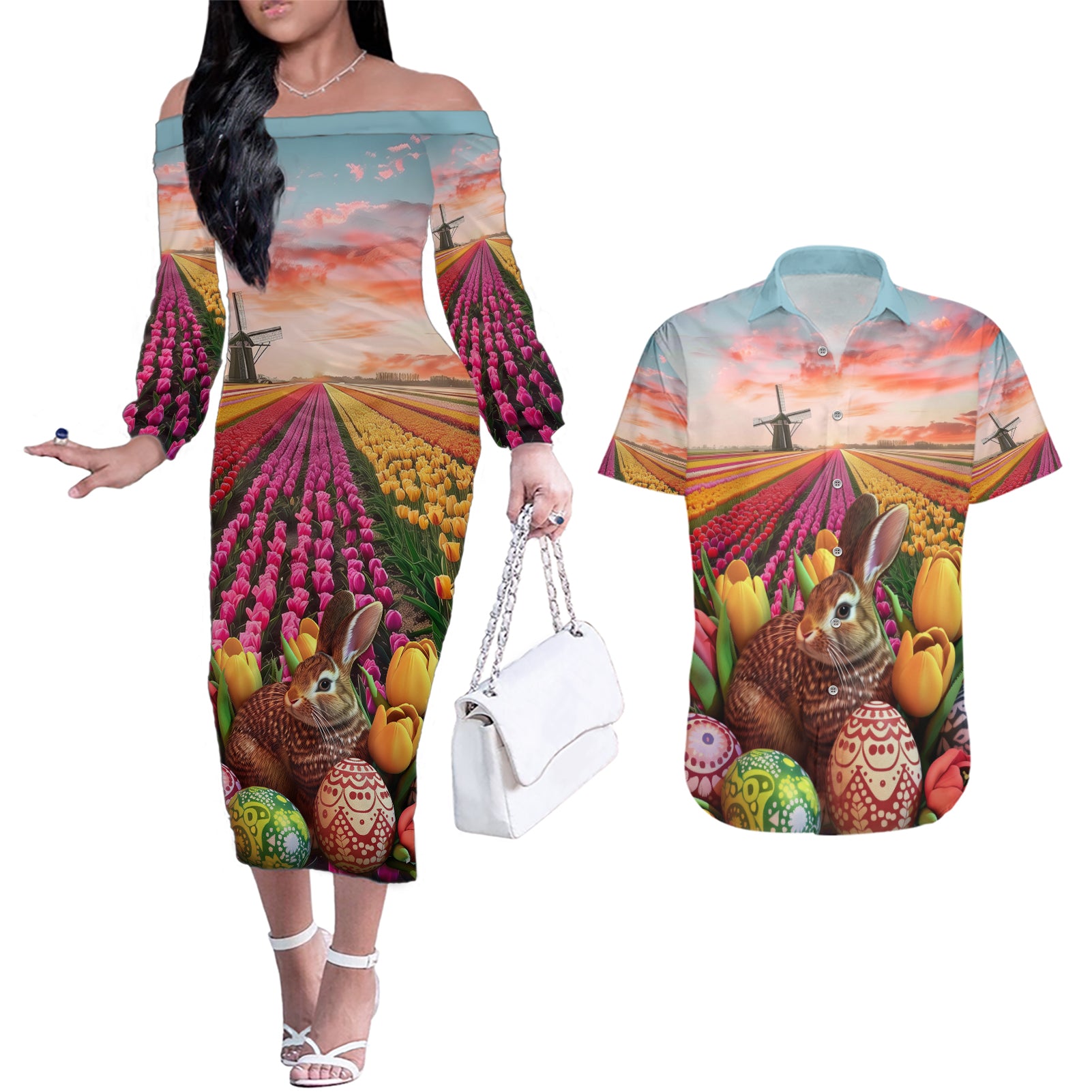 Netherlands Easter 2024 Couples Matching Off The Shoulder Long Sleeve Dress and Hawaiian Shirt Bunny With Tulips Flowers Field
