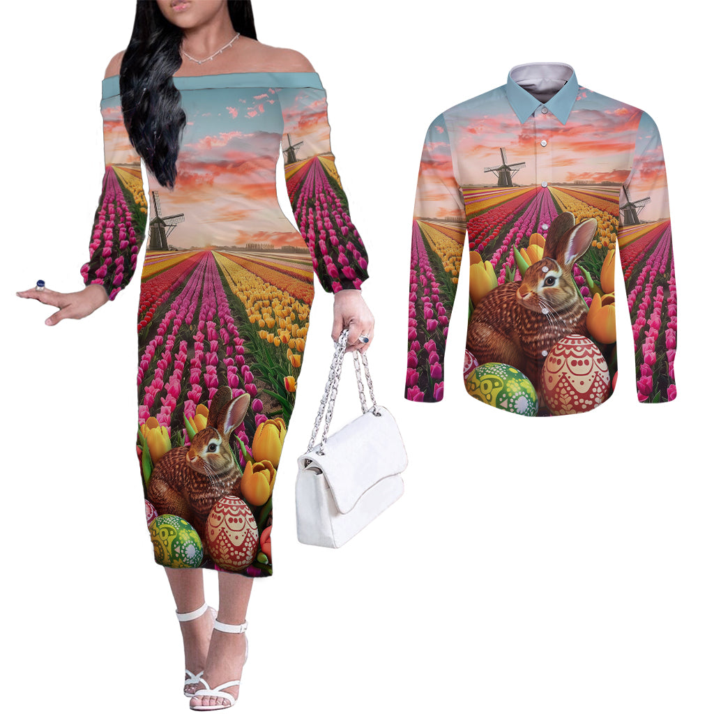Netherlands Easter 2024 Couples Matching Off The Shoulder Long Sleeve Dress and Long Sleeve Button Shirt Bunny With Tulips Flowers Field