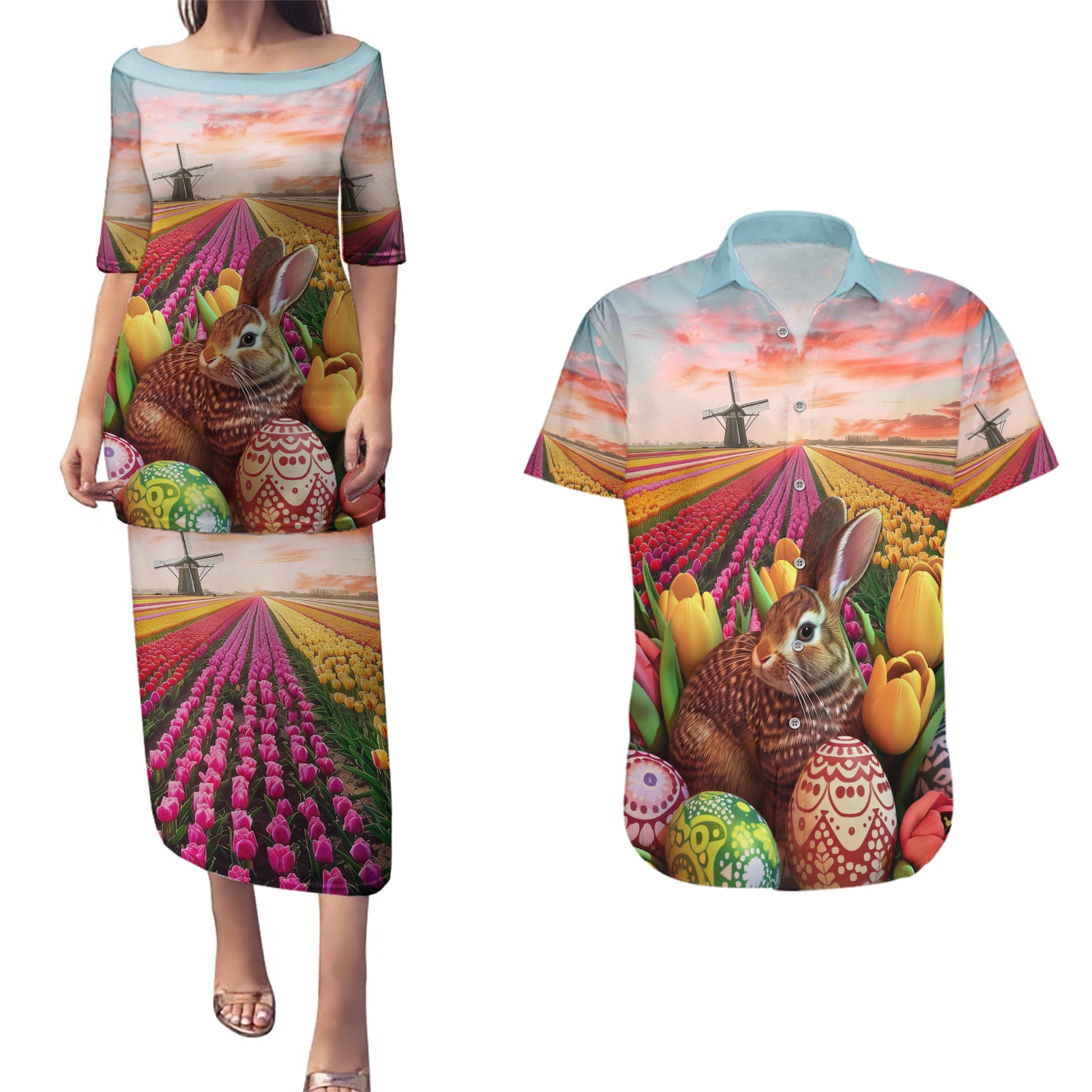 Netherlands Easter 2024 Couples Matching Puletasi and Hawaiian Shirt Bunny With Tulips Flowers Field