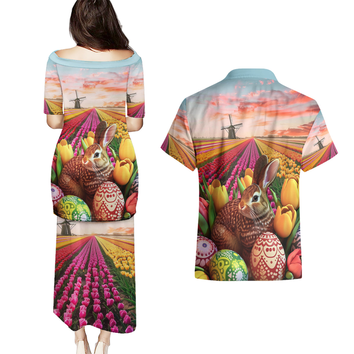 Netherlands Easter 2024 Couples Matching Puletasi and Hawaiian Shirt Bunny With Tulips Flowers Field - Wonder Print Shop