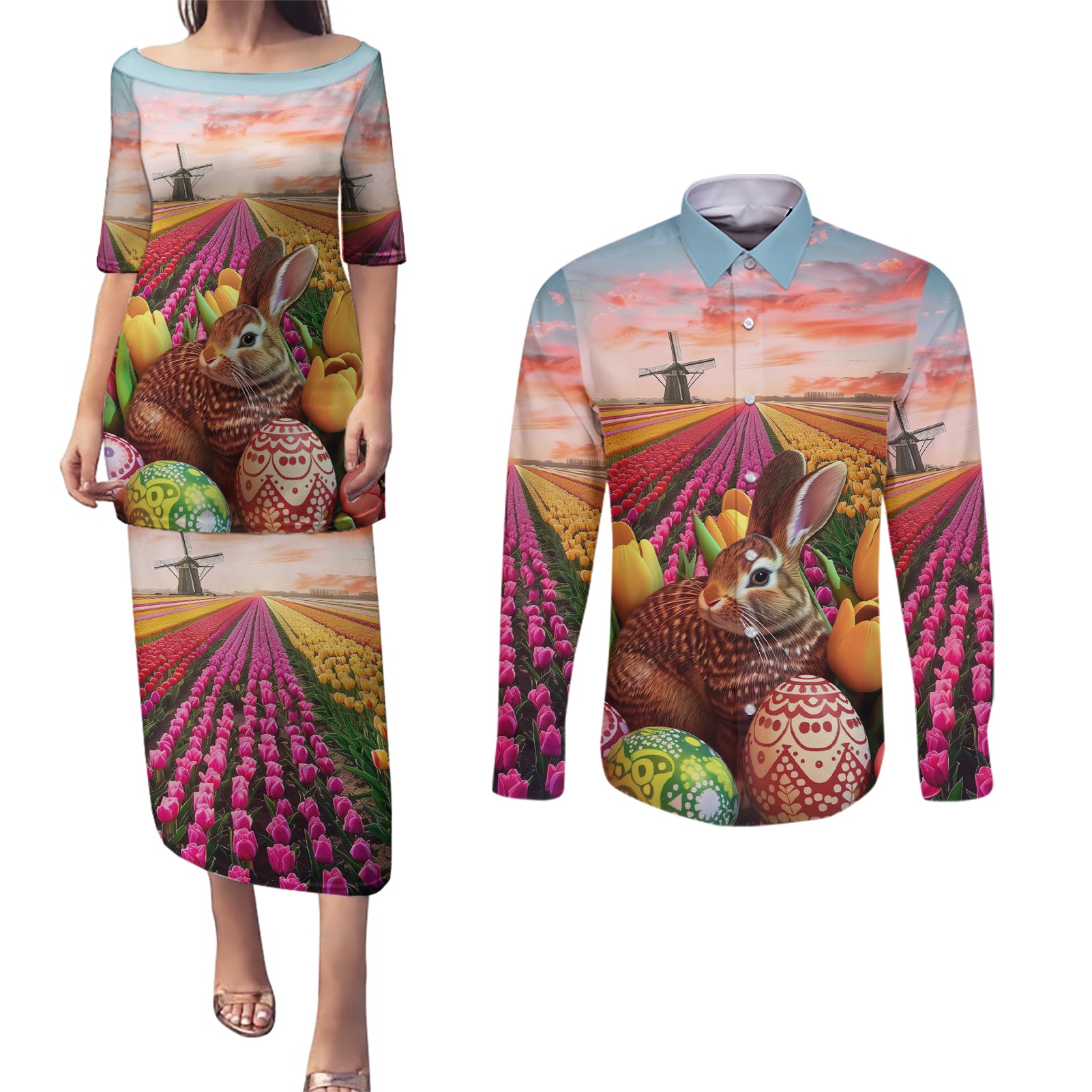 Netherlands Easter 2024 Couples Matching Puletasi and Long Sleeve Button Shirt Bunny With Tulips Flowers Field