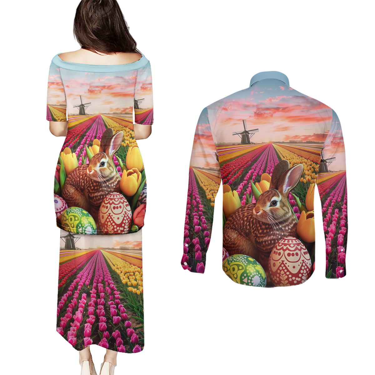 Netherlands Easter 2024 Couples Matching Puletasi and Long Sleeve Button Shirt Bunny With Tulips Flowers Field - Wonder Print Shop