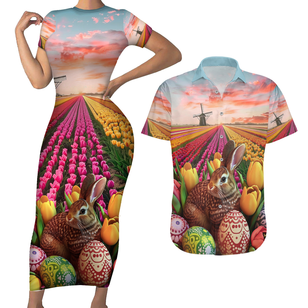 Netherlands Easter 2024 Couples Matching Short Sleeve Bodycon Dress and Hawaiian Shirt Bunny With Tulips Flowers Field - Wonder Print Shop