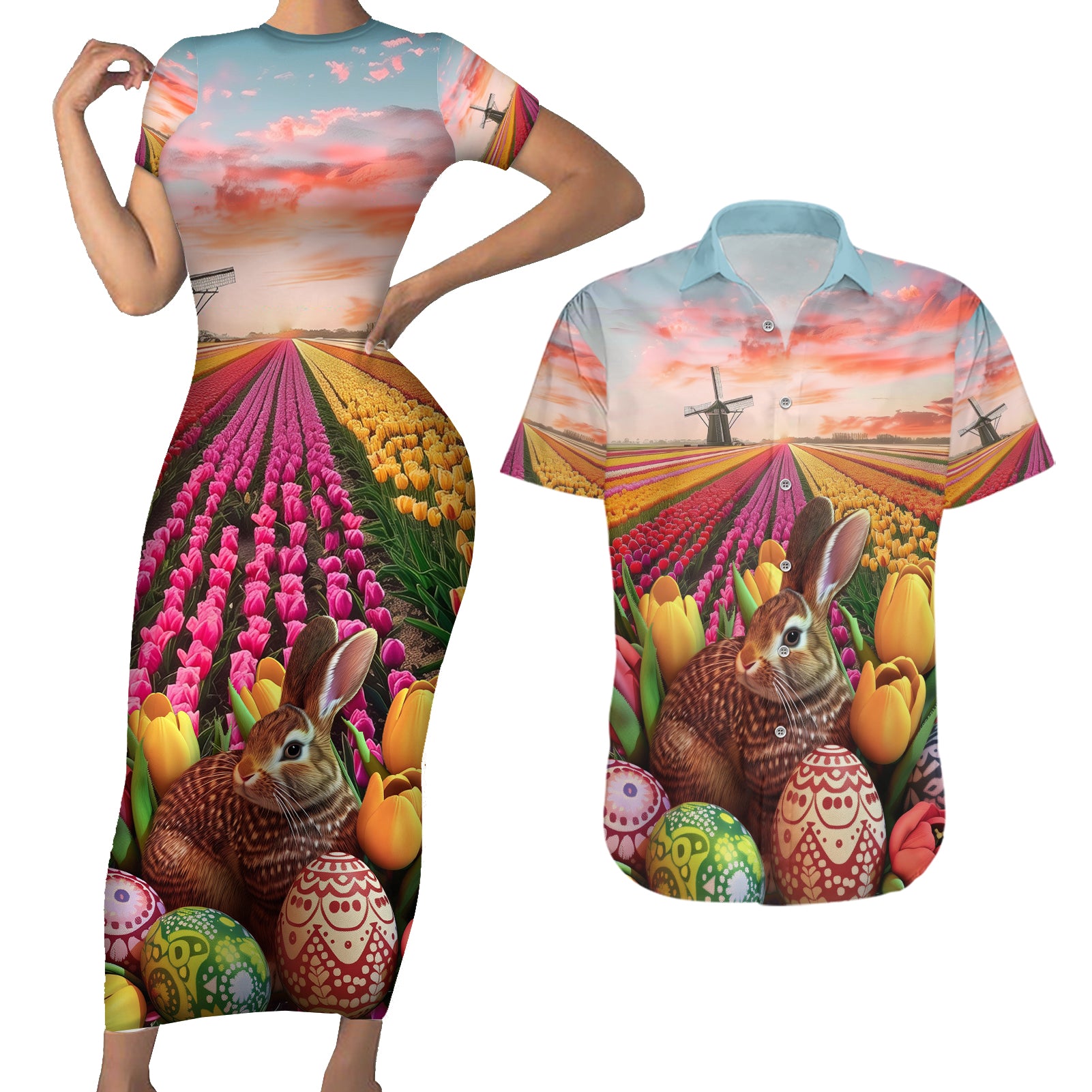 Netherlands Easter 2024 Couples Matching Short Sleeve Bodycon Dress and Hawaiian Shirt Bunny With Tulips Flowers Field