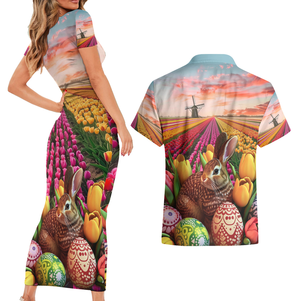 Netherlands Easter 2024 Couples Matching Short Sleeve Bodycon Dress and Hawaiian Shirt Bunny With Tulips Flowers Field - Wonder Print Shop
