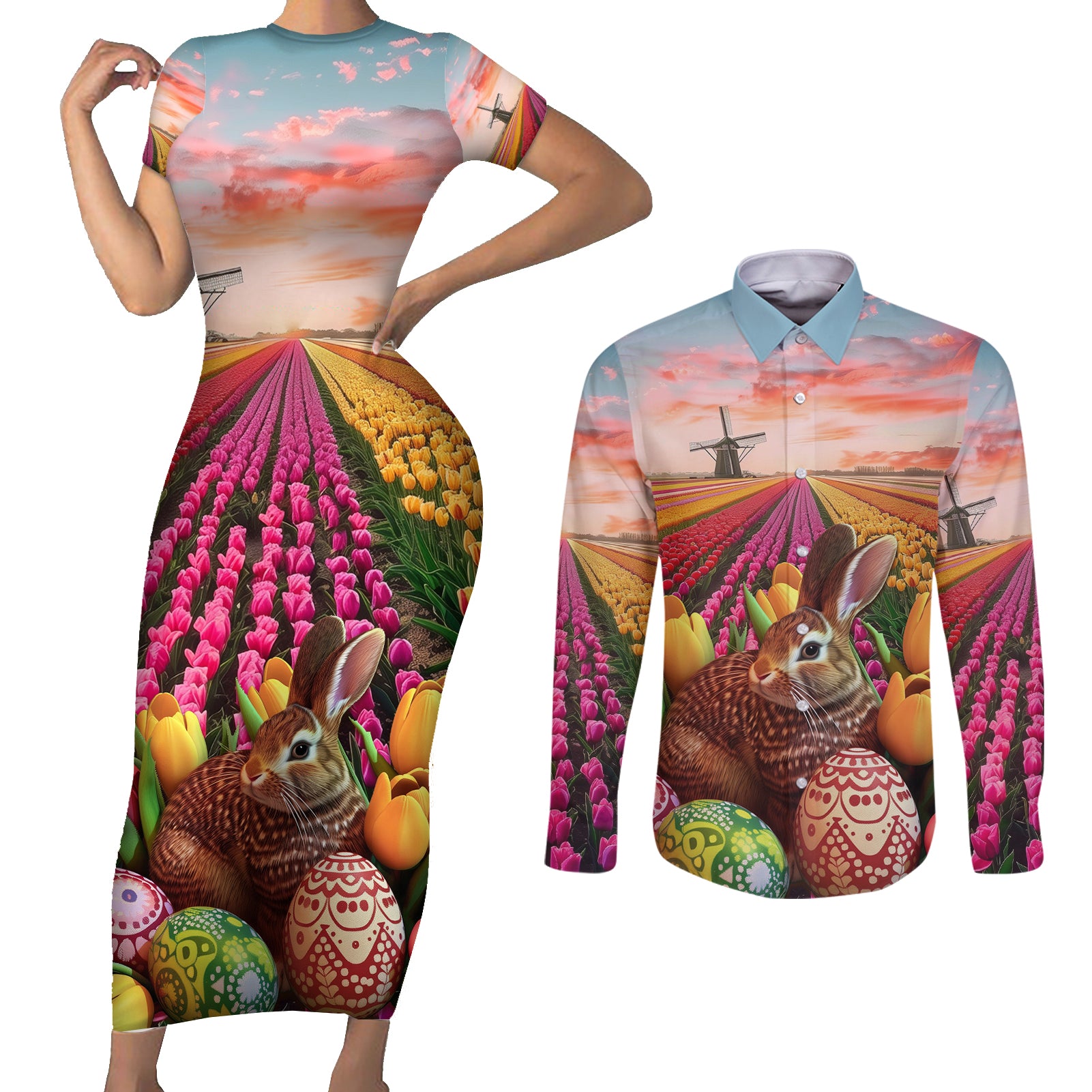 Netherlands Easter 2024 Couples Matching Short Sleeve Bodycon Dress and Long Sleeve Button Shirt Bunny With Tulips Flowers Field