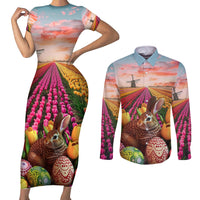 Netherlands Easter 2024 Couples Matching Short Sleeve Bodycon Dress and Long Sleeve Button Shirt Bunny With Tulips Flowers Field - Wonder Print Shop