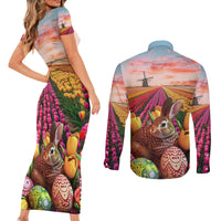 Netherlands Easter 2024 Couples Matching Short Sleeve Bodycon Dress and Long Sleeve Button Shirt Bunny With Tulips Flowers Field - Wonder Print Shop
