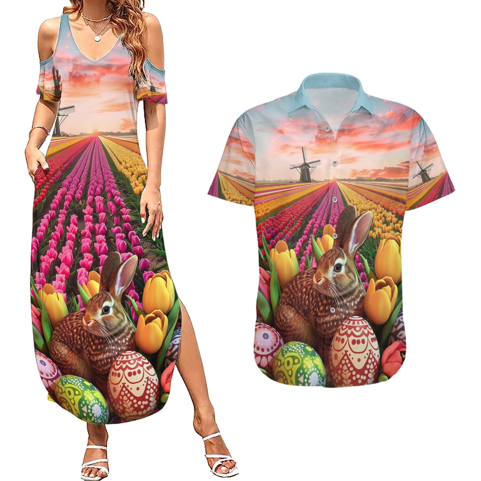 Netherlands Easter 2024 Couples Matching Summer Maxi Dress and Hawaiian Shirt Bunny With Tulips Flowers Field