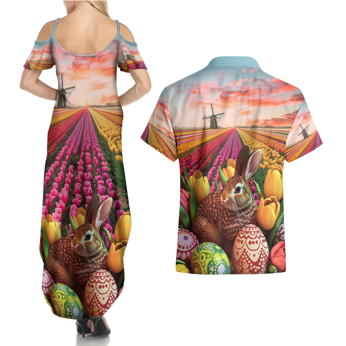 Netherlands Easter 2024 Couples Matching Summer Maxi Dress and Hawaiian Shirt Bunny With Tulips Flowers Field - Wonder Print Shop