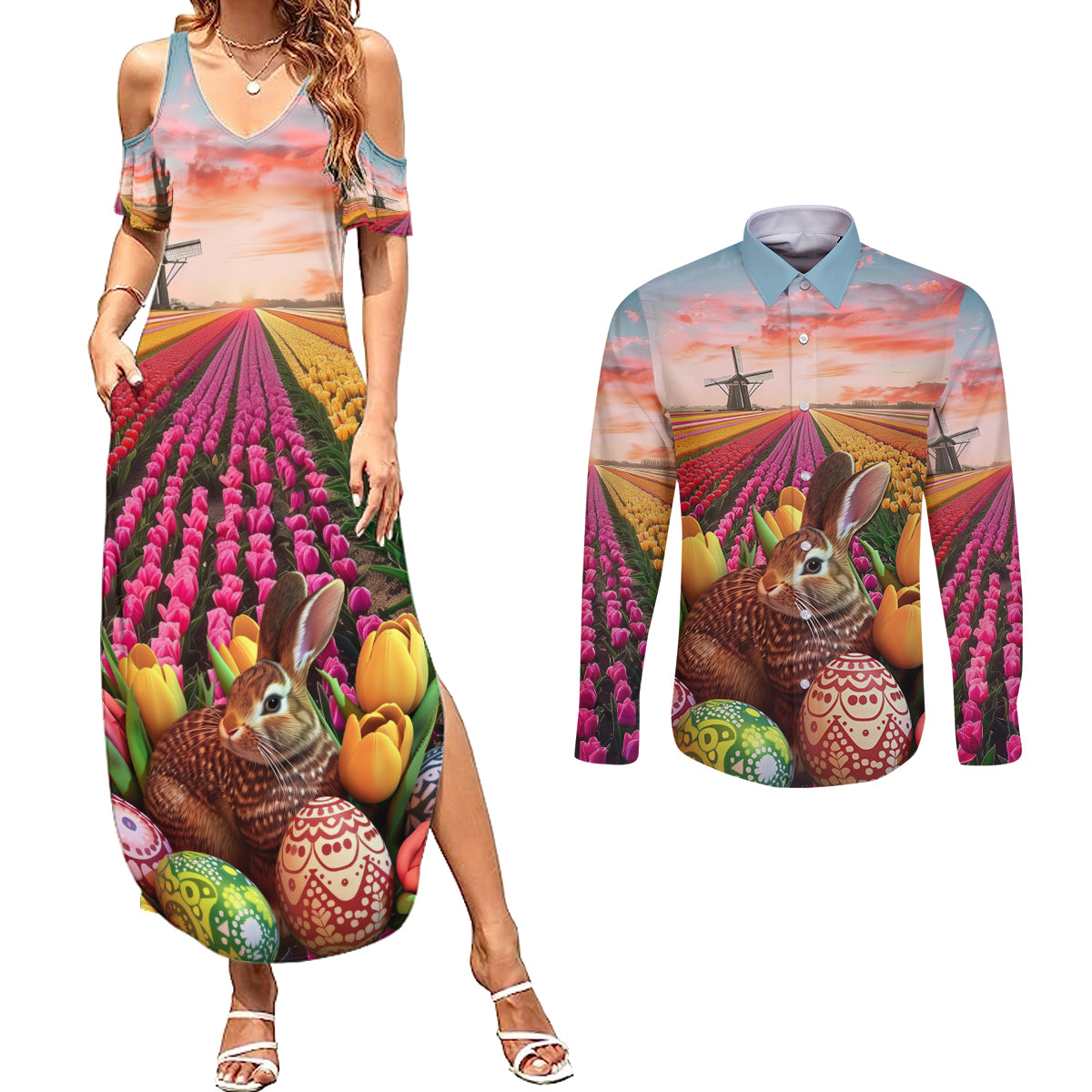 Netherlands Easter 2024 Couples Matching Summer Maxi Dress and Long Sleeve Button Shirt Bunny With Tulips Flowers Field