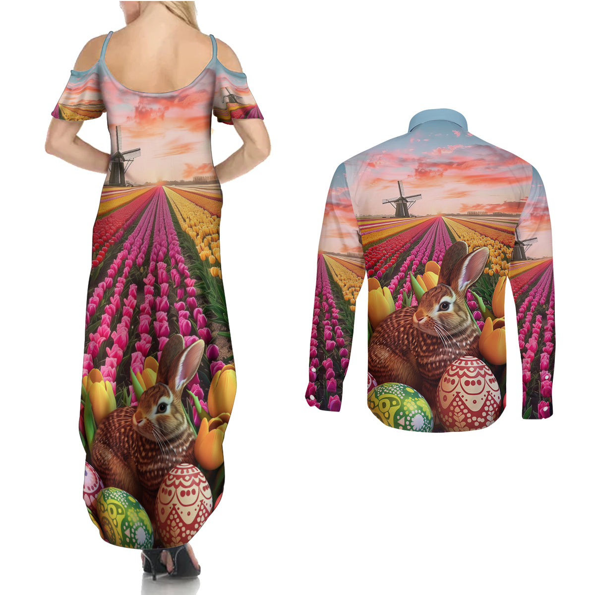Netherlands Easter 2024 Couples Matching Summer Maxi Dress and Long Sleeve Button Shirt Bunny With Tulips Flowers Field - Wonder Print Shop