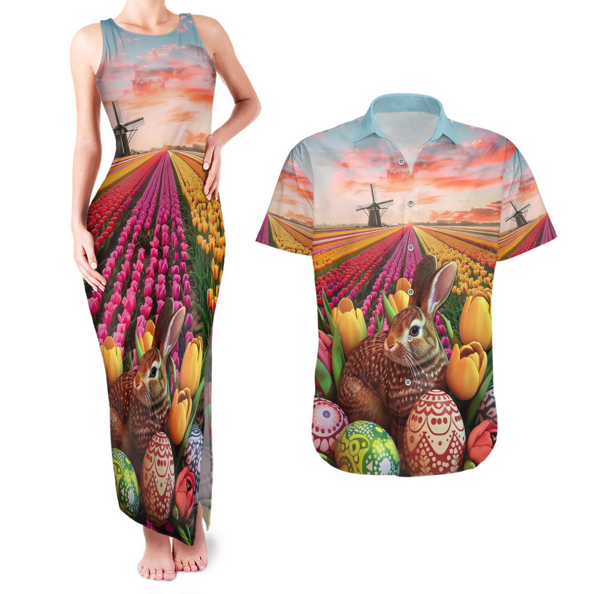 Netherlands Easter 2024 Couples Matching Tank Maxi Dress and Hawaiian Shirt Bunny With Tulips Flowers Field - Wonder Print Shop