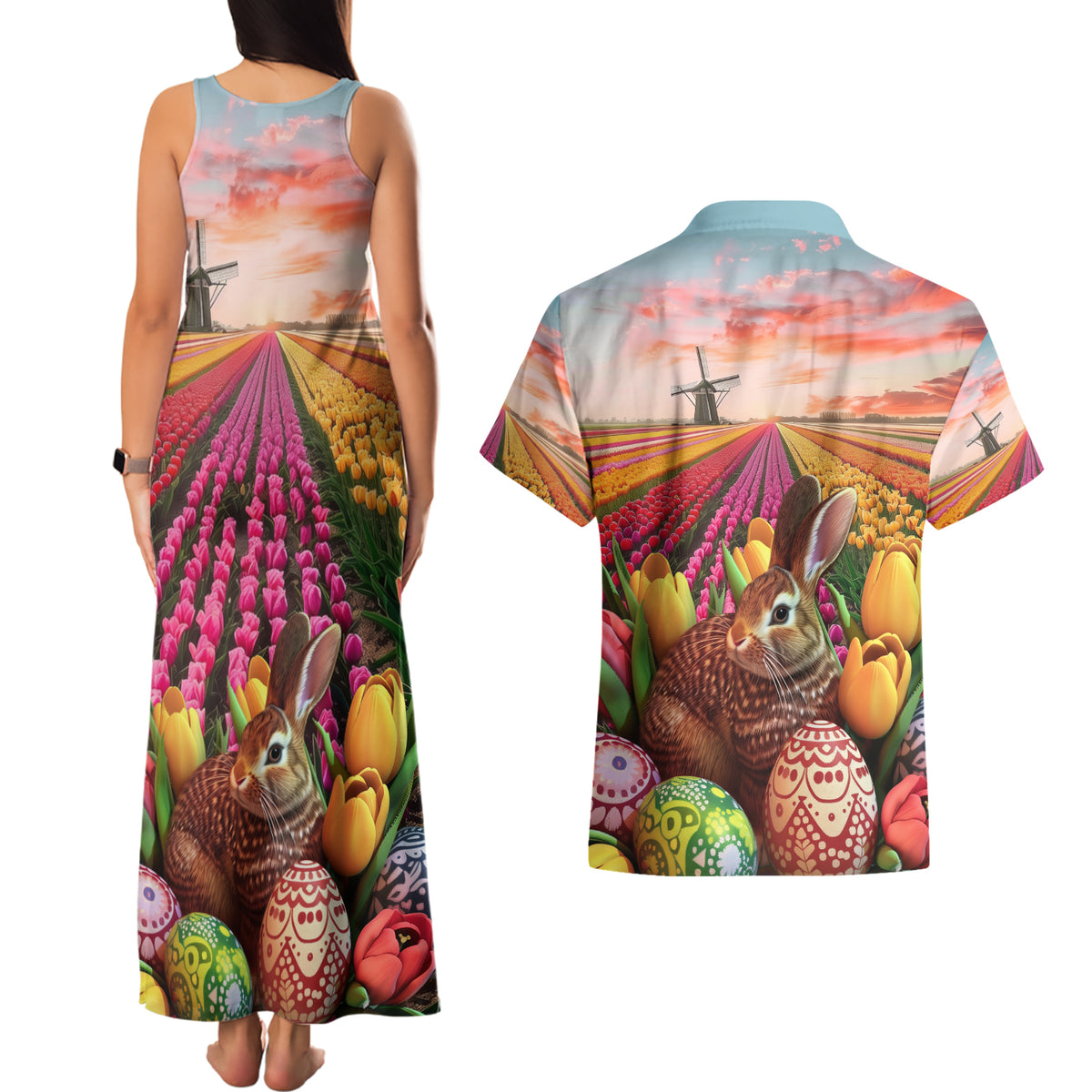 Netherlands Easter 2024 Couples Matching Tank Maxi Dress and Hawaiian Shirt Bunny With Tulips Flowers Field - Wonder Print Shop