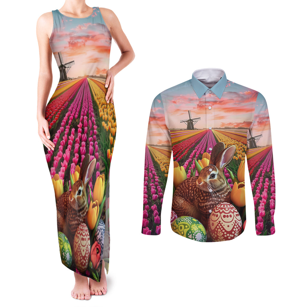 Netherlands Easter 2024 Couples Matching Tank Maxi Dress and Long Sleeve Button Shirt Bunny With Tulips Flowers Field